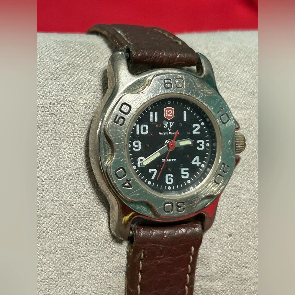 SV by‎ SERGIO VALENTE Quartz Watch Black Dial Brown Leather Band NEW BATTERY